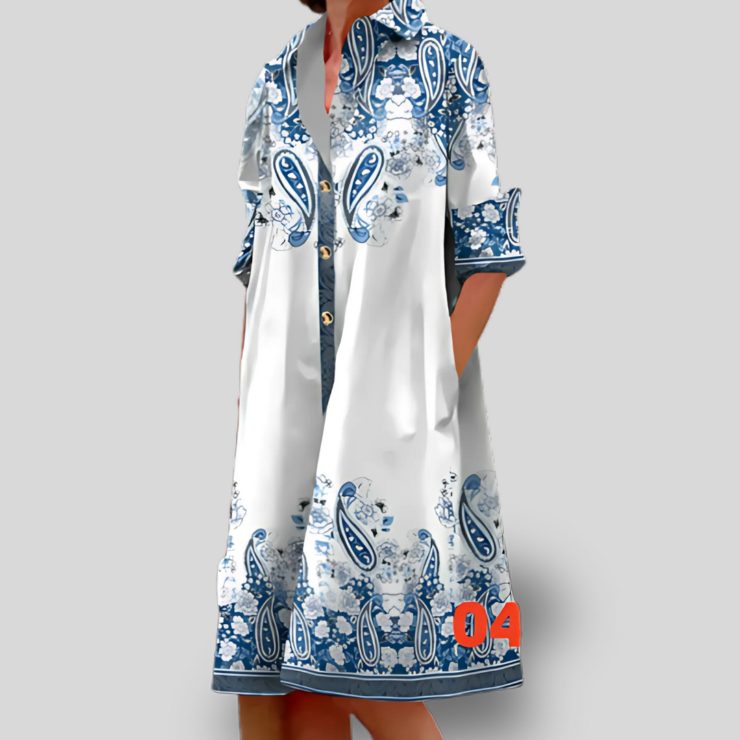 Caroline | Blue Paisley Border Shirt Dress