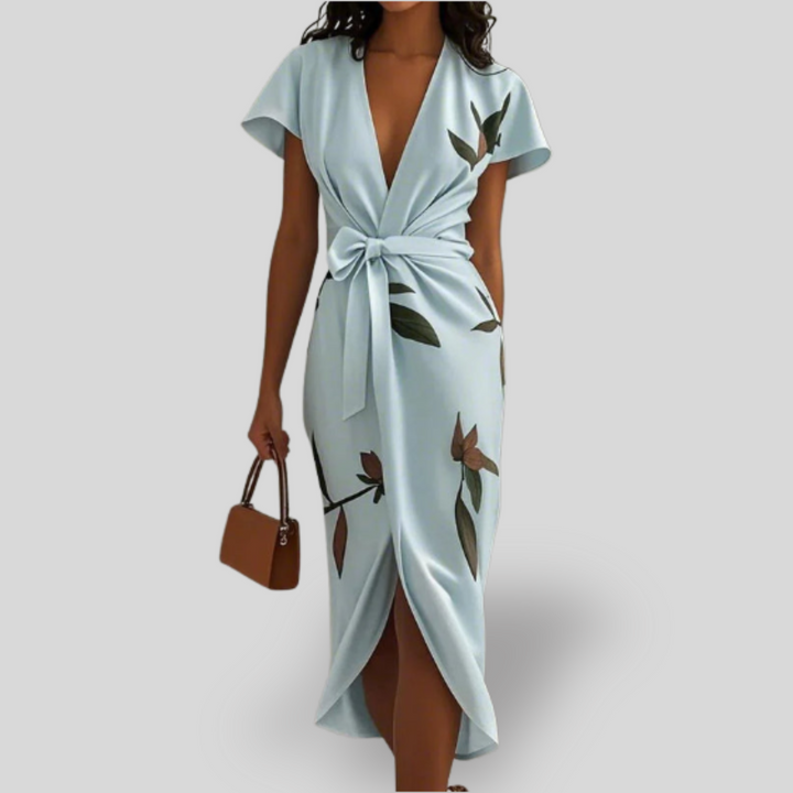Elle | White Leaf Short Sleeve Satin Wrap Sheath Midi Dress