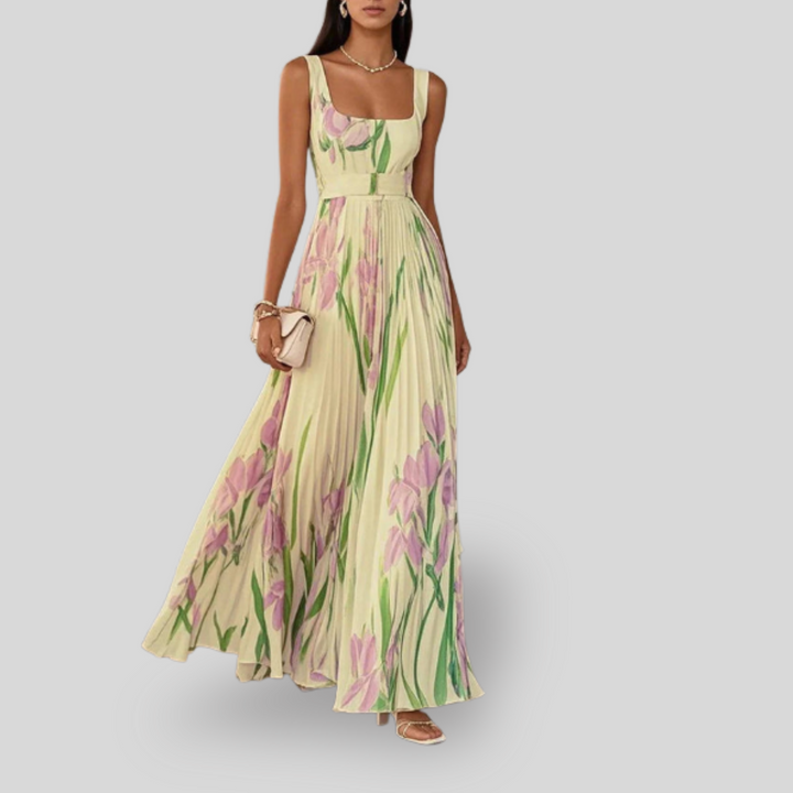 Ava | White Pleated Floral Maxi Dress
