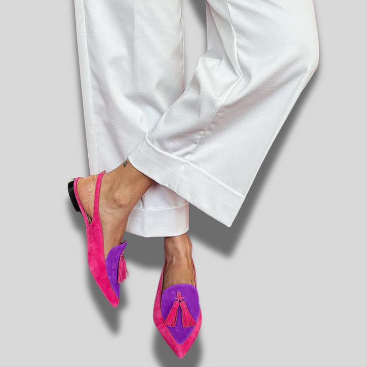 Frendessa | Colorful ballet flats with fringes & a decorative ankle strap