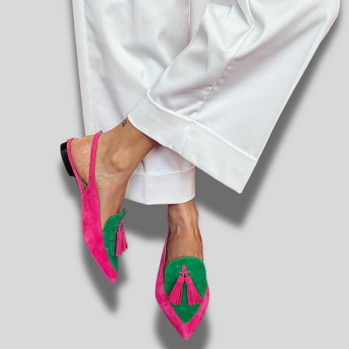 Frendessa | Colorful ballet flats with fringes & a decorative ankle strap