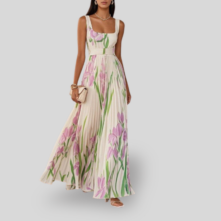 Ava | White Pleated Floral Maxi Dress