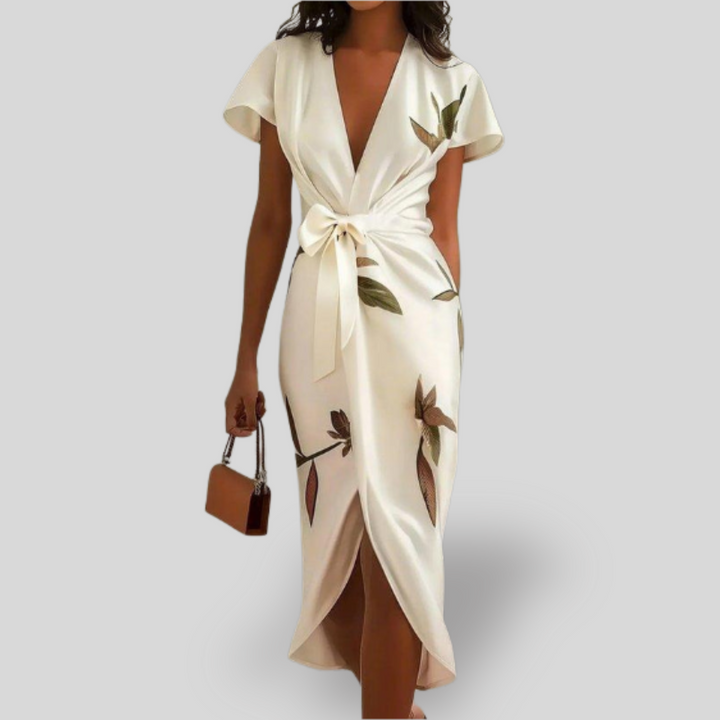 Elle | White Leaf Short Sleeve Satin Wrap Sheath Midi Dress