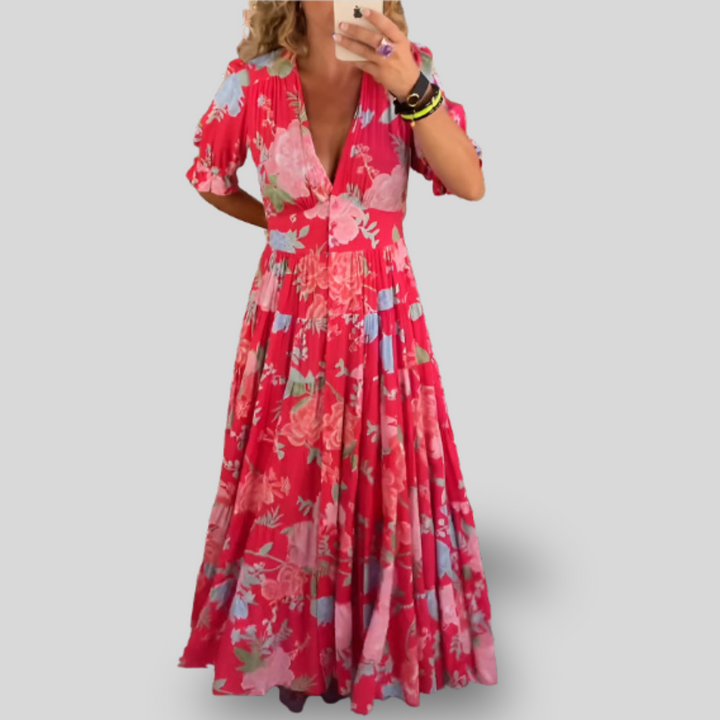 Carine | Pocket Dress with V-Neck Floral Print