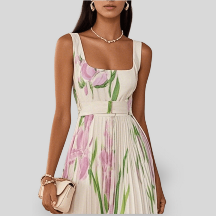 Ava | White Pleated Floral Maxi Dress
