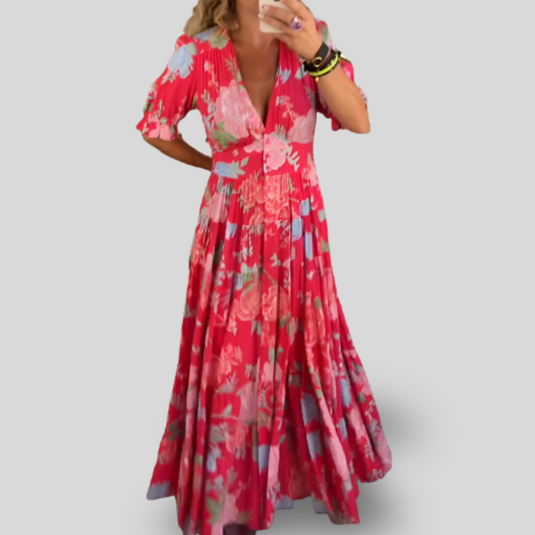 Carine | Pocket Dress with V-Neck Floral Print