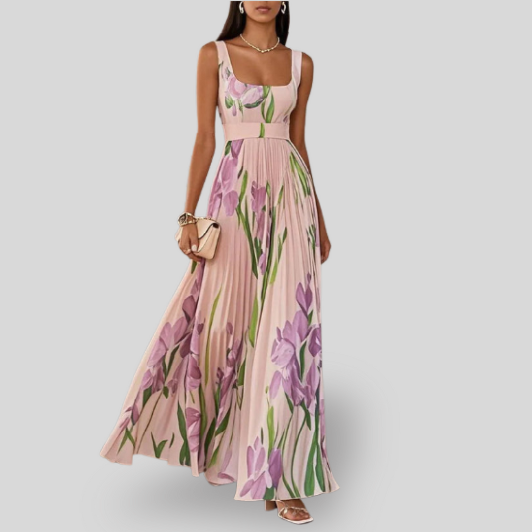 Ava | White Pleated Floral Maxi Dress