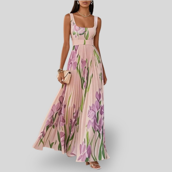 Ava | White Pleated Floral Maxi Dress