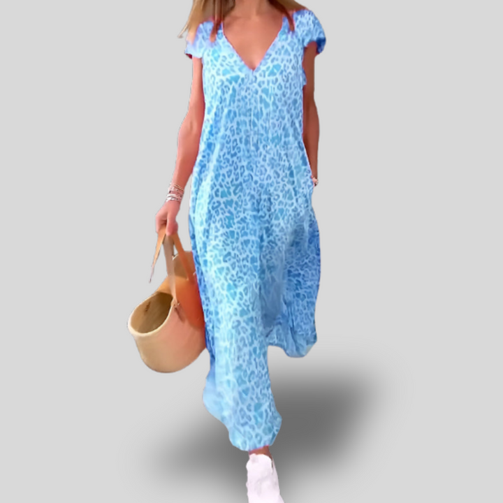 Veronique | Long V-neck dress in leopard print with short sleeves