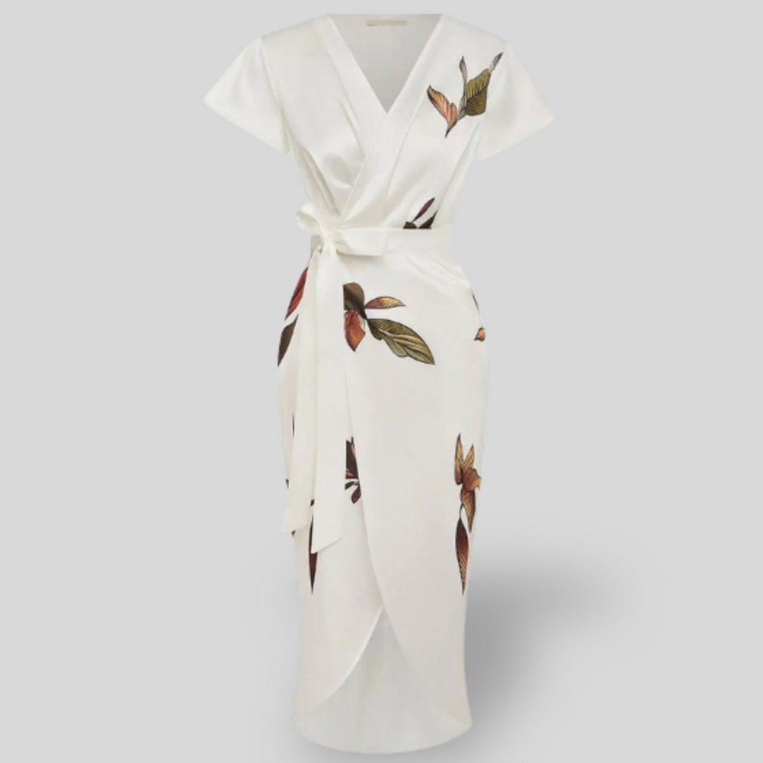 Elle | White Leaf Short Sleeve Satin Wrap Sheath Midi Dress