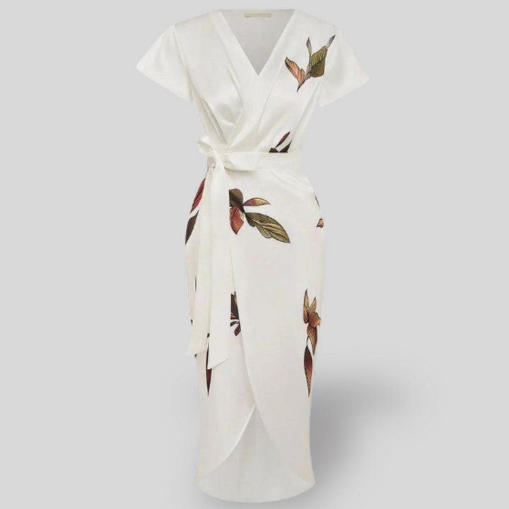 Elle | White Leaf Short Sleeve Satin Wrap Sheath Midi Dress