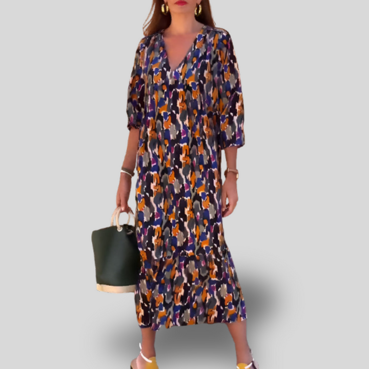 Nathalie | Vintage Print V-Neck Dress