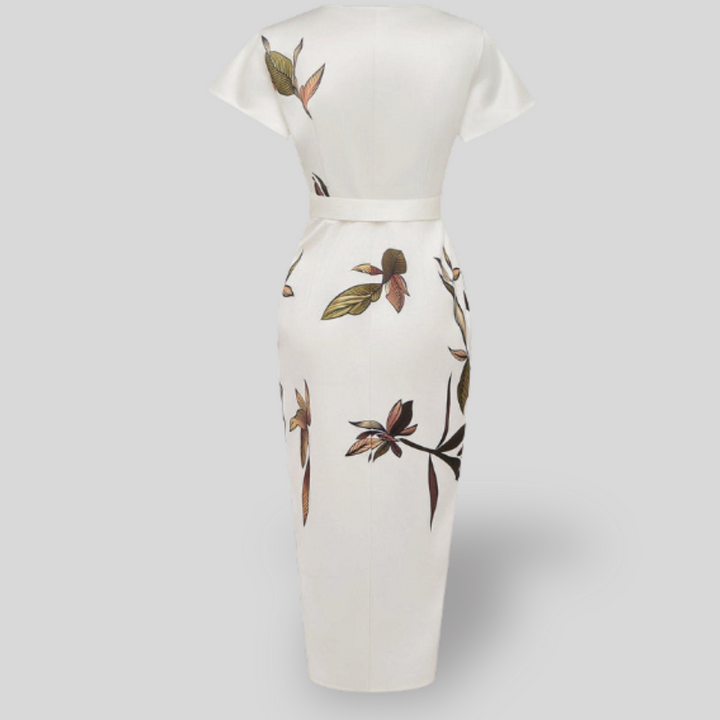 Elle | White Leaf Short Sleeve Satin Wrap Sheath Midi Dress