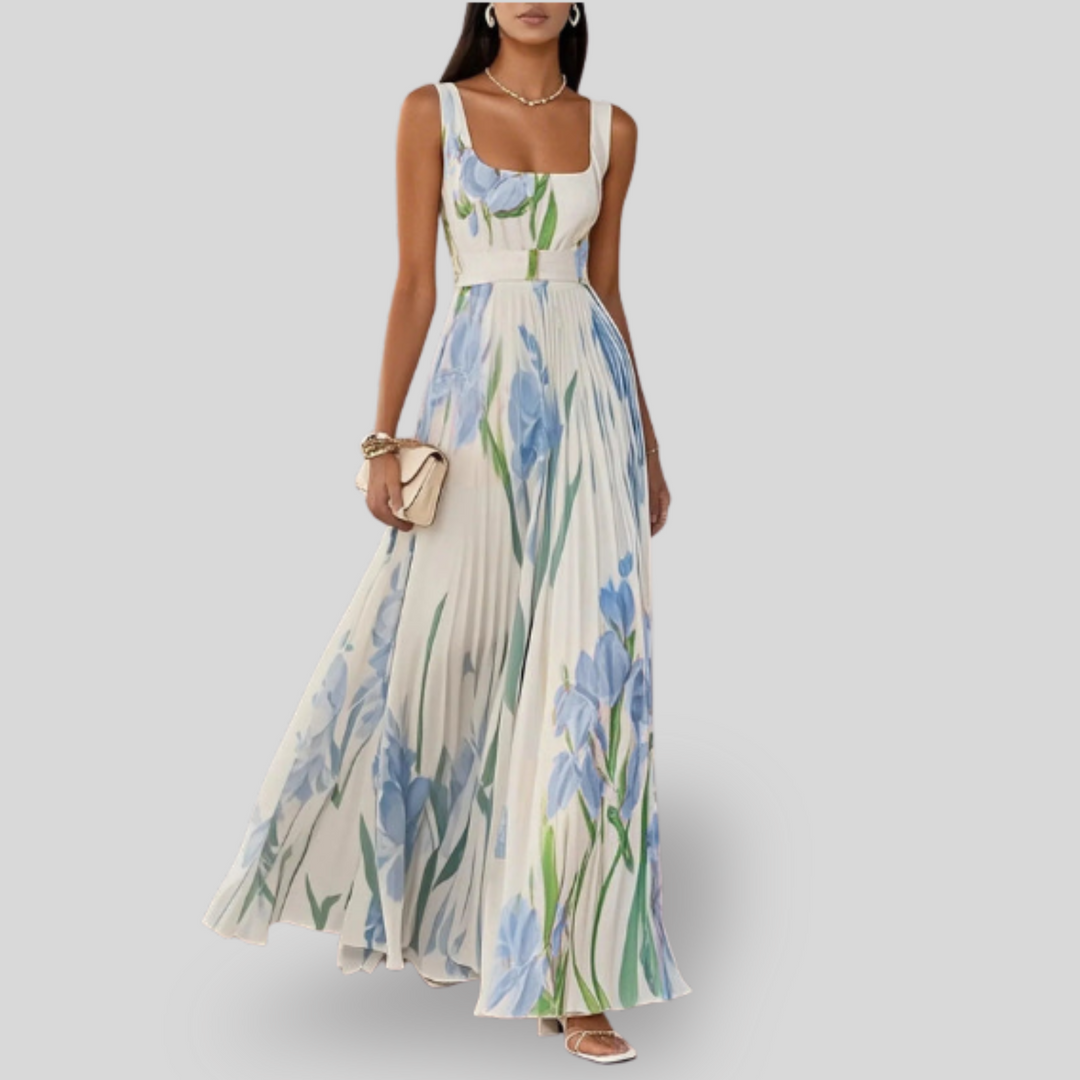 Ava | White Pleated Floral Maxi Dress