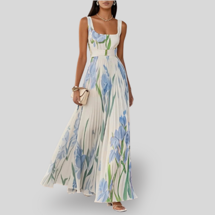Ava | White Pleated Floral Maxi Dress