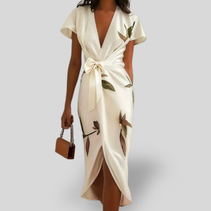 Elle | White Leaf Short Sleeve Satin Wrap Sheath Midi Dress