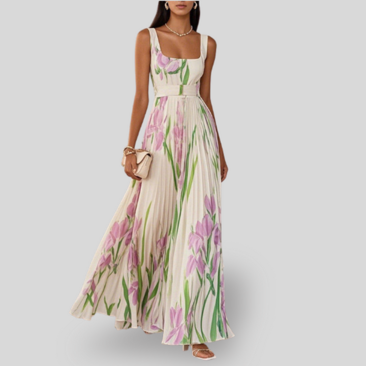 Ava | White Pleated Floral Maxi Dress