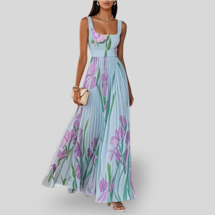 Ava | White Pleated Floral Maxi Dress