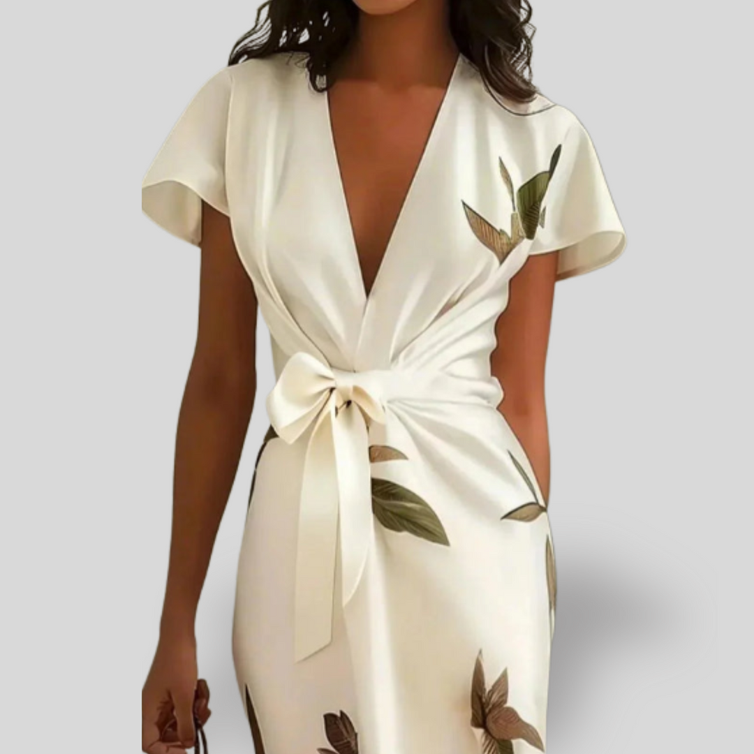 Elle | White Leaf Short Sleeve Satin Wrap Sheath Midi Dress