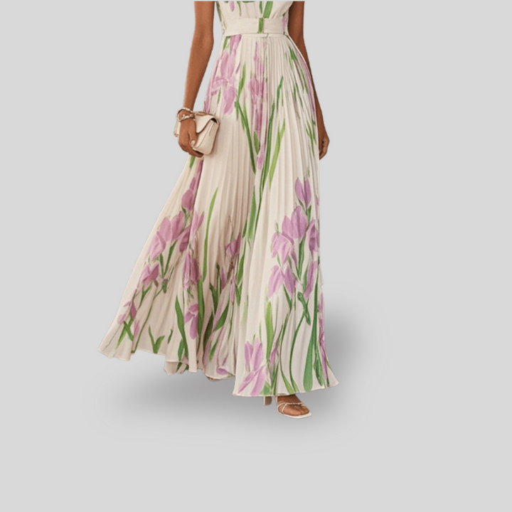 Ava | White Pleated Floral Maxi Dress