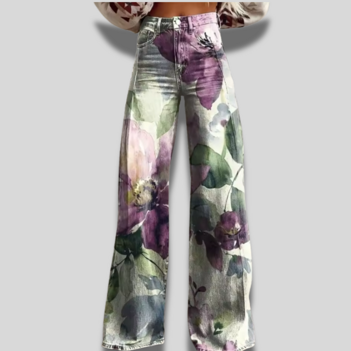 Kristen | Elegant Floral Print Wide-Leg Jeans