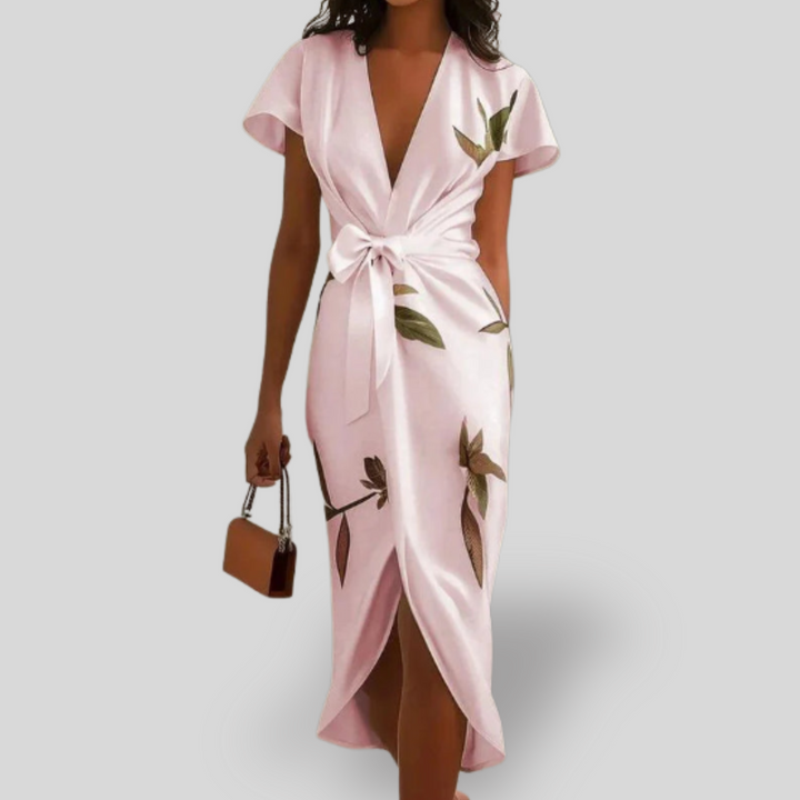 Elle | White Leaf Short Sleeve Satin Wrap Sheath Midi Dress